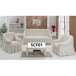 SET HUSE ELASTICE, CREPONATE, CU VOLAN, PENTRU CANAPEA 3 LOCURI + 2 FOTOLII, COD SCF01 ALB