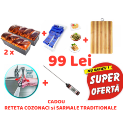 PACHET PROMOTIONAL PASTE 4  FORME COZONAC + APARAT DUBLU SARMALE + TOCATOR BAMBUS + CAP ROBINET FLEXIBIL + TERMOMETRU ALIMENTE + RETETE CADOU