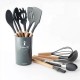 SET 13 USTENSILE DE BUCATARIE, ANTIADERENTE, SILICON, MANER DIN LEMN