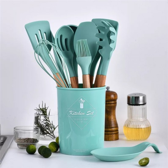 SET 13 USTENSILE DE BUCATARIE, ANTIADERENTE, SILICON, MANER DIN LEMN