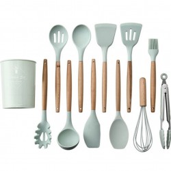 SET 13 USTENSILE DE BUCATARIE, ANTIADERENTE, SILICON, MANER DIN LEMN