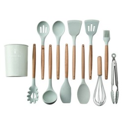SET 13 USTENSILE DE BUCATARIE, ANTIADERENTE, SILICON, MANER DIN LEMN