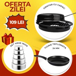Gratar pentru aragaz cu capac + Tigaie teflonata 24 cm + Set vase inox 10 piese CADOU Gratar pentru aragaz cu capac + Tigaie teflonata 24 cm + Set vase inox 10 piese CADOU
