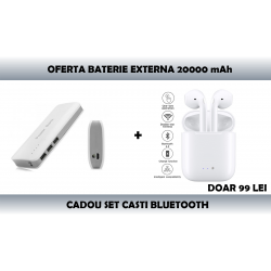 Set Baterie externa Power bank 20000 mAh+Cadou Casti in-ear tip Earpods cu Microfon si Telecomanda pentru Iphone, Ipad, Ipod, Android
