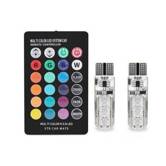 Set 2 Becuri T10 Pozitie Auto LED Multicolor RGB cu Telecomanda 6LED SMD - Auto&Moto - oferit de sellsell.ro